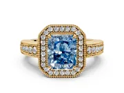 Milgrain Halo Engagement Ring Setting for Fancy Blue Radiant Cut Center with Pave Band and Prong Head in Yellow Gold