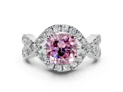 Halo Engagement Ring Setting for Fancy Pink Cushion Cut Center with Pave Infinity Twist Band and Prong Head in Sterling Silver