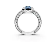 Milgrain Halo Engagement Ring Setting for Fancy Blue Emerald Cut Center with Wide Pave Band and Prong Head in Sterling Silver
