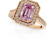 Halo Engagement Ring Setting for Fancy Pink Emerald Cut Center with Milgrain Pave Band and Bezel Head in Rose Gold