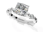 Solitaire Engagement Ring Setting for Cushion Cut Center with Beaded Bezel Station Band and Prong Head in Sterling Silver