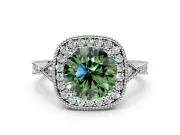 Halo Engagement Ring Setting for Fancy Green Round Cut Center with Milgrain Rim, Pave Band and Prong Head in Sterling Silver