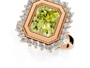 Halo Engagement Ring Setting for Fancy Yellow Radiant Cut Center with Milgrain Bezel Rim, Plain Band and Prong Head in Rose Gold