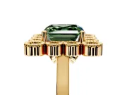 Cluster Halo Engagement Ring Setting for Fancy Green Asscher Cut Center with Milgrain Bezel Accents and Prong Head in Yellow Gold