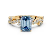 Solitaire Engagement Ring Setting for Fancy Blue Emerald Cut Center with Bar-Station Pave Twist and Prong Head in Yellow Gold