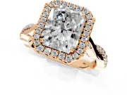 Halo Engagement Ring Setting for Radiant Cut Center with Twist Band and Prong Head in Rose Gold