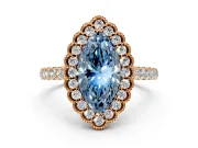 Milgrain Floral Halo Engagement Ring Setting for Fancy Blue Marquise Center with Pave Band and Prong Head in Rose Gold