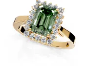 Starburst Halo Engagement Ring Setting for Fancy Green Emerald Cut Center with Flat Cathedral Band and Prong Head in Yellow Gold