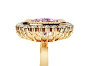 Halo Engagement Ring Setting for Fancy Pink Radiant Cut Center with Milgrain Bezel Rim, Plain Band and Prong Head in Yellow Gold