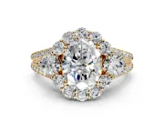 Halo Engagement Ring Setting for Oval Center with Two-Strand Split Shank and Prong Head in Yellow Gold
