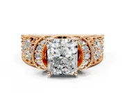 Pave Engagement Ring Setting for Radiant Cut Center with Curved Accent Rows, Openwork and Prong Head in Rose Gold