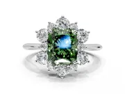 Small-Accent Cluster Halo Engagement Ring Setting for Fancy Green Radiant Cut Center with Plain Band and Prong Head in Sterling Silver