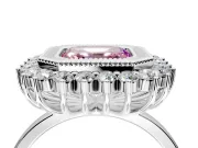 Halo Engagement Ring Setting for Fancy Pink Asscher Cut Center with Milgrain Bezel Rim, Plain Band and Prong Head in White Gold