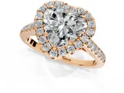 Halo Engagement Ring Setting for Heart-Shaped Center with Narrowing Pave Band and Prong Head in Rose Gold