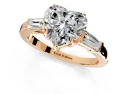 3 Stone Engagement Ring Setting for Heart-Shaped Center with Baguette Accents and Prong Head in Rose Gold
