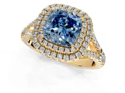 Double Halo Engagement Ring Setting for Fancy Blue Cushion Cut Center with Narrow Pave Split Shank and Prong Head in Yellow Gold