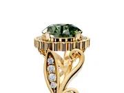 Halo Engagement Ring Setting for Fancy Green Round Cut Center with Leaf Motif Split Shank and Prong Head in Yellow Gold