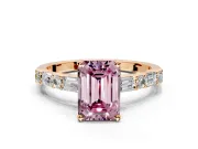Baguette Engagement Ring Setting for Fancy Pink Emerald Cut Center with Alternating Bar-Set Band and Prong Head in Rose Gold