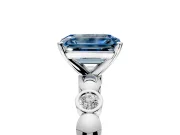 Solitaire Engagement Ring Setting for Fancy Blue Emerald Cut Center with Beaded Bezel Station Band and Prong Head in White Gold
