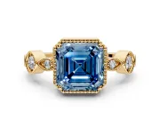 Vintage Station Engagement Ring Setting for Fancy Blue Asscher Cut Center with Accents and Prong Head in Yellow Gold