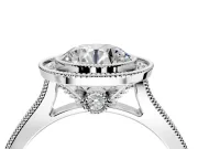 Halo Engagement Ring Setting for Round Cut Center with Milgrain Pave Band and Bezel Head in Platinum