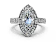 Milgrain Halo Engagement Ring Setting for Marquise Center with Pave Band and Prong Head in Platinum