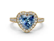 Bezel-Framed Halo Engagement Ring Setting for Fancy Blue Heart-Shaped Center with Pave Band and Prong Head in Yellow Gold