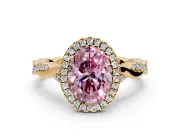 Halo Engagement Ring Setting for Fancy Pink Oval Center with Twist Band and Prong Head in Yellow Gold