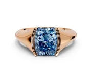Tension Engagement Ring Setting for Fancy Blue Radiant Cut Center with Wide Tapered Band and Tension Head in Rose Gold