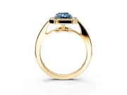 Bezel-Framed Halo Engagement Ring Setting for Fancy Blue Radiant Cut Center with Pave Band and Prong Head in Yellow Gold