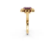 Cluster Halo Engagement Ring Setting for Fancy Pink Emerald Cut Center with Milgrain Bezel Accents and Prong Head in Yellow Gold