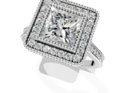 Halo Engagement Ring Setting for Princess Cut Center with Milgrain Frame, Pave Band and Prong Head in Sterling Silver