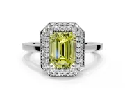 Halo Engagement Ring Setting for Fancy Yellow Emerald Cut Center with Plain Tapered Band and Prong Head in Platinum