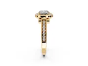 Halo Engagement Ring Setting for Cushion Cut Center with Outer Bezel Rim, Pave Band and Prong Head in Yellow Gold
