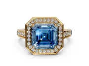 Halo Engagement Ring Setting for Fancy Blue Asscher Cut Center with Outer Bezel Rim, Pave Band and Prong Head in Yellow Gold
