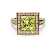 Halo Engagement Ring Setting for Fancy Yellow Princess Cut Center with Outer Bezel Rim, Pave Band and Prong Head in Yellow Gold
