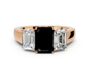 3 Stone Engagement Ring Setting for Fancy Black Emerald Cut Center with Raised Basket Heads and Prong Head in Rose Gold