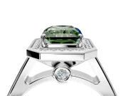 Halo Engagement Ring Setting for Fancy Green Emerald Cut Center with Outer Bezel Rim, Pave Band and Prong Head in Platinum