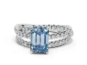 Solitaire Engagement Ring Setting for Fancy Blue Emerald Cut Center with Woven 3-Strand Pave Band and Prong Head in White Gold