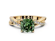 Crossover Engagement Ring Setting for Fancy Green Cushion Cut Center with Pave and Plain Strands and Prong Head in Yellow Gold