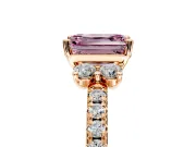 Paired Accent Engagement Ring Setting for Fancy Pink Emerald Cut Center with Pave Band and Prong Head in Rose Gold