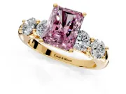 5 Stone Engagement Ring Setting for Fancy Pink Radiant Cut Center with Graduated Accents and Prong Head in Yellow Gold