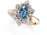 Small-Accent Cluster Halo Engagement Ring Setting for Fancy Blue Pear-Shaped Center with Plain Band and Prong Head in Rose Gold