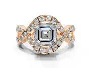 Halo Engagement Ring Setting for Asscher Cut Center with Pave Infinity Twist Band and Prong Head in Rose Gold