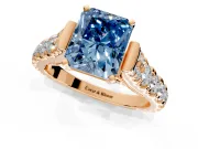 Solitaire Engagement Ring Setting for Fancy Blue Radiant Cut Center with Pave Cathedral Shoulders and Prong Head in Rose Gold
