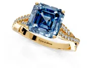Solitaire Engagement Ring Setting for Fancy Blue Asscher Cut Center with Twisted Pave Split Shank and Prong Head in Yellow Gold