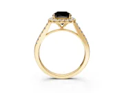 Halo Engagement Ring Setting for Fancy Black Cushion Cut Center with Narrowing Pave Band and Prong Head in Yellow Gold
