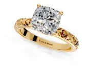 Solitaire Engagement Ring Setting for Cushion Cut Center with XO Engraved Band and Prong Head in Yellow Gold