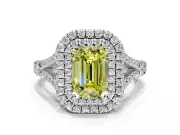 Double Halo Engagement Ring Setting for Fancy Yellow Emerald Cut Center with Narrow Pave Split Shank and Prong Head in Platinum