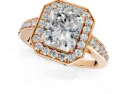 Bezel-Framed Halo Engagement Ring Setting for Radiant Cut Center with Pave Band and Prong Head in Rose Gold